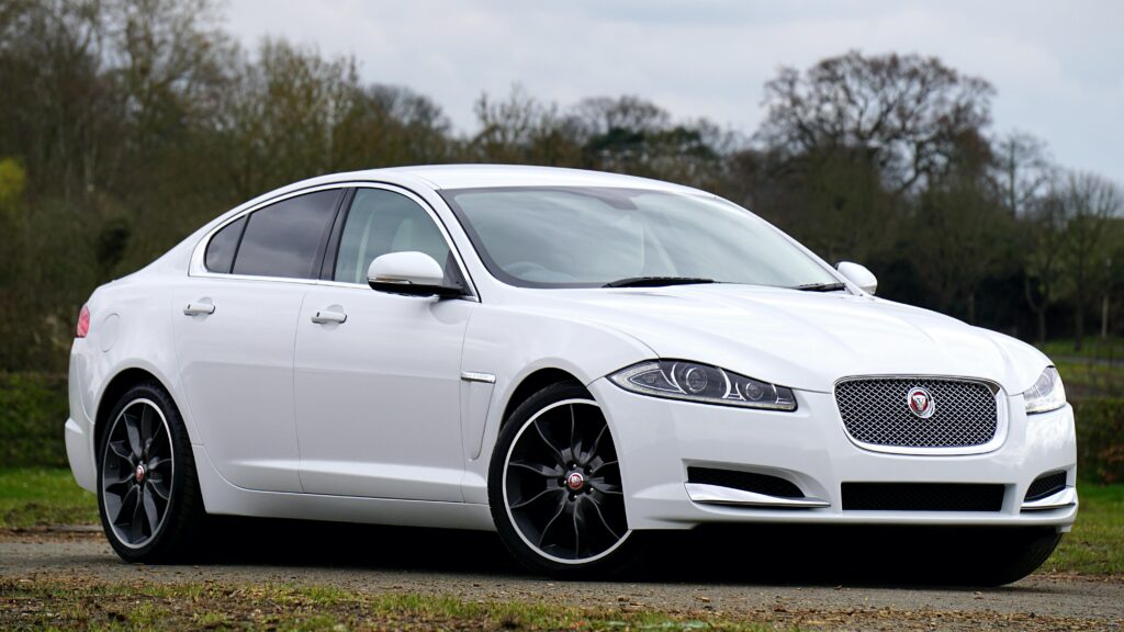A sleek white Jaguar XF car parked on grass in a serene outdoor setting.